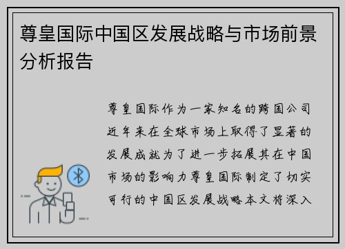 尊皇国际中国区发展战略与市场前景分析报告