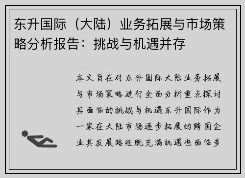 东升国际（大陆）业务拓展与市场策略分析报告：挑战与机遇并存